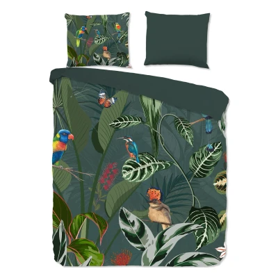 Afbeelding van Good Morning Dekbedovertrek &quot;vogels en bladeren&quot; Groen (200x200/220 cm) Katoen