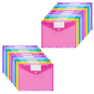 Afbeelding van Set van 20 afsluitbare A4 documentenmappen met geperforeerde rand, klittenbandsluiting en etikettenvak, waterdicht, voor het organiseren documenten (5 kleuren)
