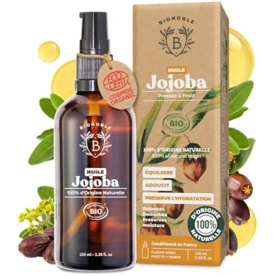 Afbeelding van Bionoble biologische jojoba olie, 100 ml, pipet en pomp, glazen fles, 100% zuiver, natuurlijk, koudgeperst, olie voor haar, gezicht, lichaam, veganistische