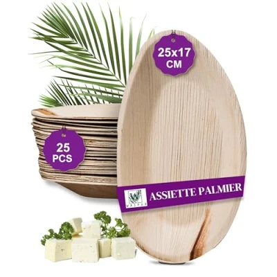 Afbeelding van Waipur Palmblad 25 ovale borden x 17 cm hoogwaardig wegwerpservies stabiel, natuurlijk en biologisch afbreekbaar van bamboe vergelijkbaar