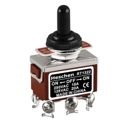 Afbeelding van Heschen DPDT metalen tuimelschakelaar ON/OFF/ON 3 posities 15 A 250 VAC met CE waterdichte hoes