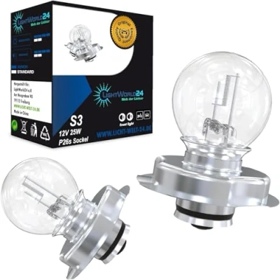 Afbeelding van LIGHTWORLD24 S3 P26s 12 V 25 W scooter, motorfiets, superheldere koplampen, gloeilampen, set van 2