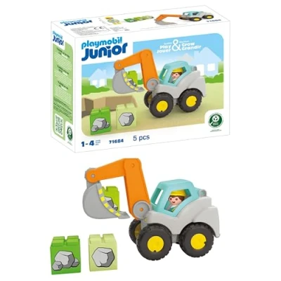 Image de Playmobil Junior 71684 Excavatrice, y compris toit de cabine pliable et pierres empilables, jouet durable fabriqué en plastique à base plantes, pour enfants partir 12 mois