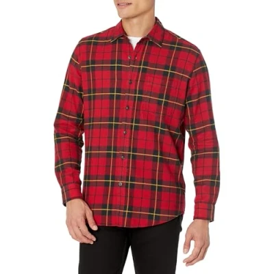Image de Amazon Essentials Chemise en flanelle à manches longues (grandes tailles disponibles) Homme, Noir Rouge Jaune Grand Plaid, XXL