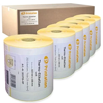 Afbeelding van Printation Verzendetiketten 103 x 199 mm wit DHL, DPD, GLS, UPS 1500 6 rollen 250 thermische etiketten per rol thermo direct permanente pakketsticker Zebra