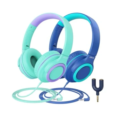 Afbeelding van iClever HS22 Set van 2 kinderhoofdtelefoon met gedeelde splitter 94 dB Safe Volume Limited kabel, 3,5 mm jackstekker, opvouwbaar, stereo voor school, tablet, reizen