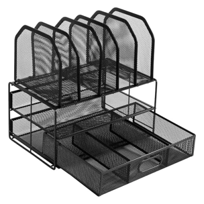 Afbeelding van Amazon Basics Opbergmodule bureau organizer met uittrekbare lade, twee planken en 5 verticale verdelingen, zwart