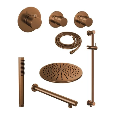 Afbeelding van Brauer Copper Edition Regendoucheset inbouw hoofddouche 30cm 3 gladde knoppen rechte wandarm glijstang handdouche staaf 1 stand PVD