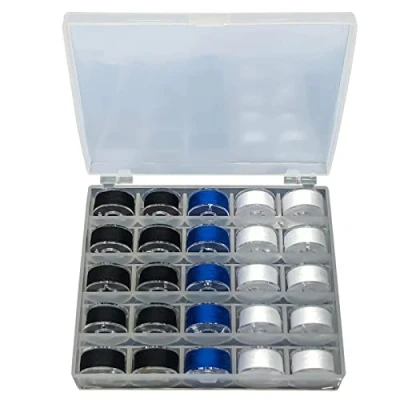 Afbeelding van Naaigaren, spoelen voor naaimachine met opbergdoos, 25 stuks geassorteerde kleuren zwart/wit/blauw voorgewikkeld spoelgaren accessoireset