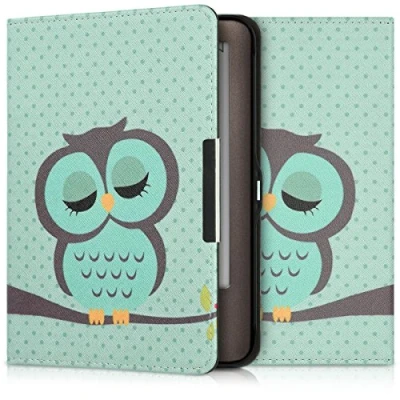 Afbeelding van kwmobile E reader hoesje geschikt voor Tolino Shine (2013) hoes flip case met magnetische sluiting Ereader cover Slapende Uil design in turquoise / bruin mintgroen