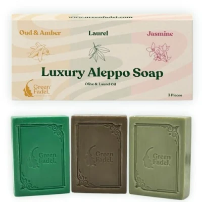 Afbeelding van GREEN FADEL (Luxury) Aleppo Zeep Origineel 3 delige Set, Laurier, Oudh &amp; Amber, Jasmijn, Olijfolie Laurierolie, Olijfoliezeep, Natuurlijke Zeep, Luxury Soap, voor Gezicht Lichaam