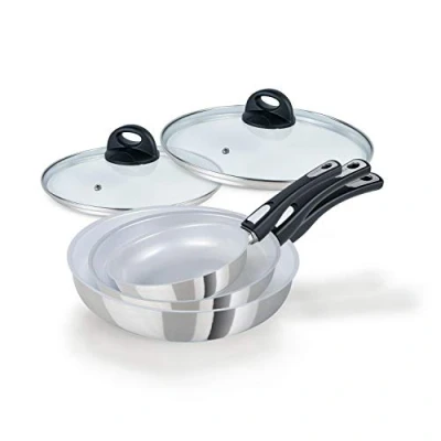 Afbeelding van Genius Cerafit Steel Pannenset, 5 delig, keramische pannen 20 24 28 cm, met krasbestendige anti aanbaklaag + glazen deksel, inductiepan afneembare handgreep, alle warmtebronnen