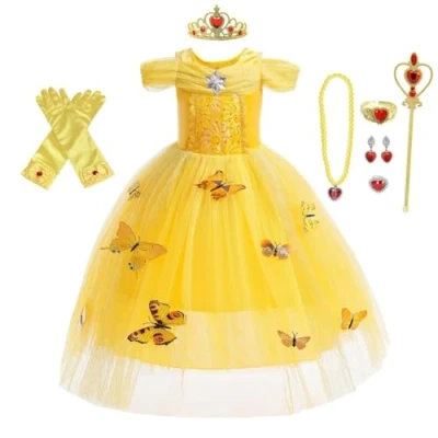 Afbeelding van Lito Angels Kostuum Belle en het Beestkostuum prinses met accessoires voor kinderen, meisjes, maat 4 jaar, geel