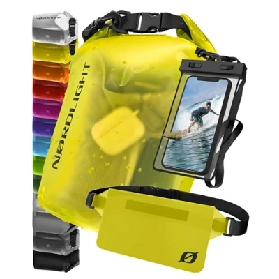 Afbeelding van waterdichte zak met waterdicht telefoonzakje en heupzak, geel, 20 l, IPX8 rolsluiting. Zwemmen, varen, strand, stand up peddel