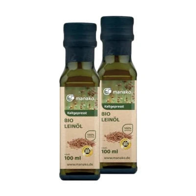 Afbeelding van manako Biologische menselijke lijnolie, koudgeperst en 100% zuiver, 2 glazen flessen van 100 ml