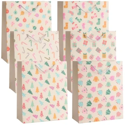 Afbeelding van THE TWIDDLERS 6 grote kerstcadeauzakjes met hengsels voor Kerstmis Assorti designs, 1 van elk, Multipack cadeauzakjes kleurrijke designs 32cm x 26cm