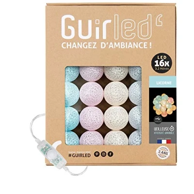 Afbeelding van GuirLED Lichtketting met bolletjes van katoen, USB, 2 uur nachtlampje voor baby&#039;s, incl. A dubbele USB adapter, 3 intensiteiten, 16 bolletjes1,6 m, Licorne