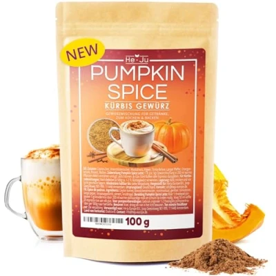 Image de He Ju Épice pumpkin spice 100 g pour latte macchiato, végétalien, purée de potimarron et tarte à la citrouille, naturelle sans gluten