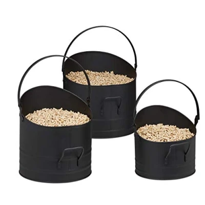 Afbeelding van Relaxdays pelletemmer zwart kolenemmer metaal 3 stuks openhaard 21, 25 &amp; 30 cm