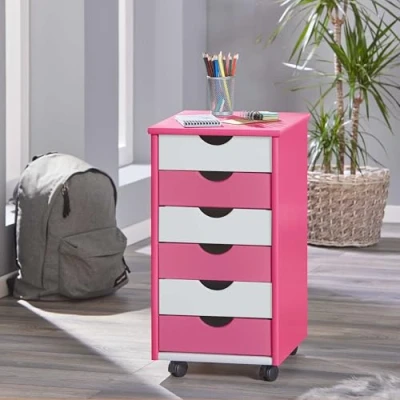 Afbeelding van Inter Link Rolkist, 6 laden, bureaukast, rolkast, ladekast, massief grenen, roze/wit, L x D H 35 39 66 cm