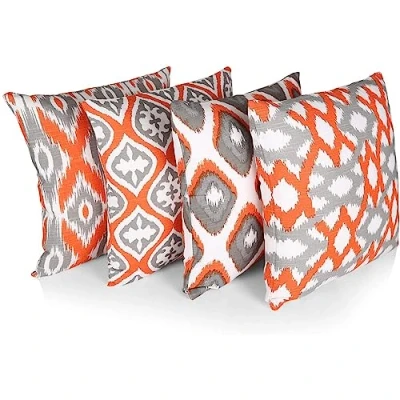 Image de Penguin Home® 100% Coton Décoration Double Face Housses Carré avec Fermeture Éclair Invisible 4 Pièce Set, 45 cm Longueur x Largeur, Motif Orange/Gris