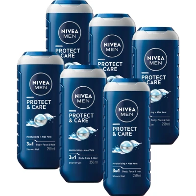 Afbeelding van NIVEA MEN Protect &amp; Care Douchegel 3 in 1 Shower Gel Met aloë vera Shampoo Voordeelverpakking 6 x 250 ml