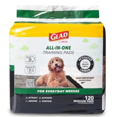 Afbeelding van Glad for Pets Set van 120 trainingsmatten met actieve kool voor honden, klein, 44,5 x 59,7 cm, geurabsorberend, plasmat perfect het trainen nieuwe puppy&#039;s,