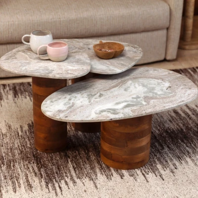 Afbeelding van Dutchbone Suki Bijzettafel Organische vorm Marmer/ Hout Wit/ Bruin Set van 3