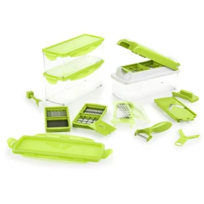 Afbeelding van Nicer Dicer Plus (18 delen) in robijnrood, fruitsnijder, uiensnijder, frietsnijder, tomatensnijder, groentesnijder, blokjes, pennen, schijven, strepen