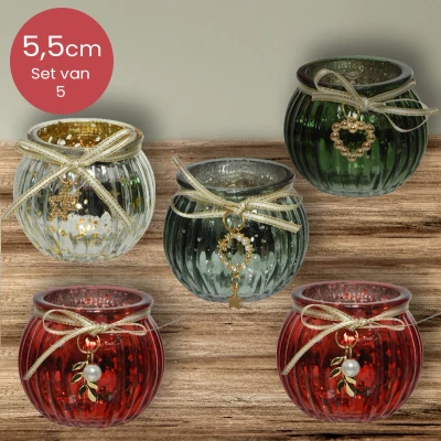Afbeelding van Glazen waxinelichthouders Set van 5 Ø6,5 x 5,5 cm kerstdecoratie kerst luxe theelichthouder voor kaarsjes