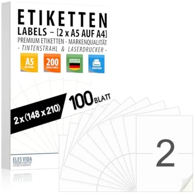 Afbeelding van Zelfklevende etiketten DIN A5 (2 voor A4 vel) 210 x 148 mm, bedrukbaar, mat wit oppervlak, compatibel met inkjet en laserprinters, stickers vele industrieën