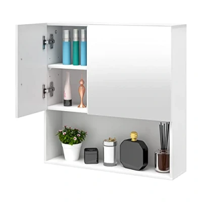 Afbeelding van EUGAD Wandkast voor badkamer, met spiegel, toiletkast, opbergkast deur, verstelbaar rek van MDF, wit, 54 x 15 55 cm