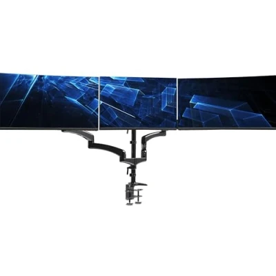 Afbeelding van VIVO 3 voudige pneumatische monitorstandaard van 43,2 tot 81,3 cm, 2 armen, 1 vast, verstelbaar, draaibaar, robuuste VESA bureaustandaard met C klem, max 100 x 100, zwart,