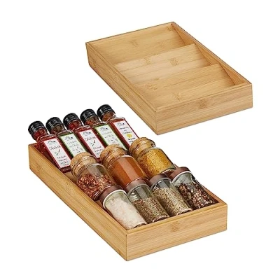 Afbeelding van Relaxdays kruidenrek lade bamboe kruiden organizer liggend set van 2 keukenla
