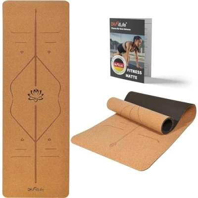 Afbeelding van DH FitLife yogamat van kurk &amp; TPE, mat 183 x 61 0,6 cm, fitnessmat, antislip en milieuvriendelijk, sportmat nature zelfreinigend, met oriëntatielijnen (grote lotos)