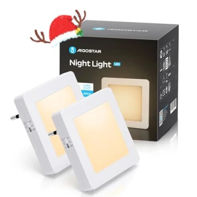 Afbeelding van Aigostar Nachtlampje voor kinderen met lichtsensor, 2 stuks nachtlamp, helderheidsniveaus, nachtlampje, stopcontact slaapkamer, keuken, hal, trap, woonkamer, 0,36 W, kastlamp, 3000 K, warm wit