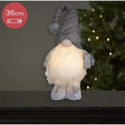 Afbeelding van Handgemaakte grijze Gnoom met LED verlichting en cadeautje 36(61)cm