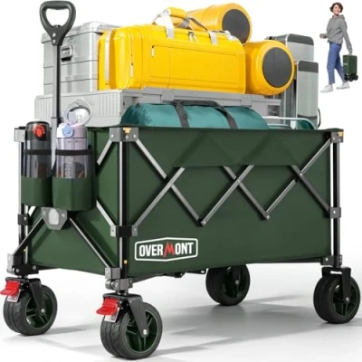 Afbeelding van Overmont Opvouwbare bolderkar met brede wielen, 150 kg belastbaar, voor camping, sport, winkelen, tuin, groen
