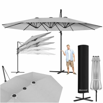 Afbeelding van KESSER® Dubbele parasol 4,6 m x 2,7 m, zweefparasolhoes en windbescherming met zwengel standaard, zwengelparasol van aluminium, waterdicht, kantelbaar 360 draaibaar, Licht grijs (Ral 7035)