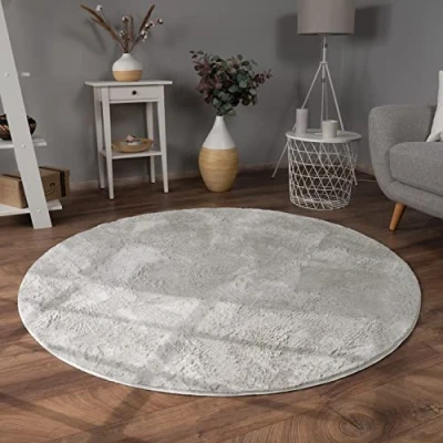 Afbeelding van Paco Home Vloerkleed voor de woonkamer, imitatiebont, pluizig, shaggy, lang, wasbaar, afmetingen: 160 cm, rond, kleur: grijs