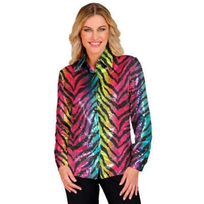 Afbeelding van Widmann Grappig &amp; Fout Kostuum Pailletten Blouse Mega Foute Regenboog Tijger Vrouw Multicolor Small / Medium Carnavalskleding Verkleedkleding