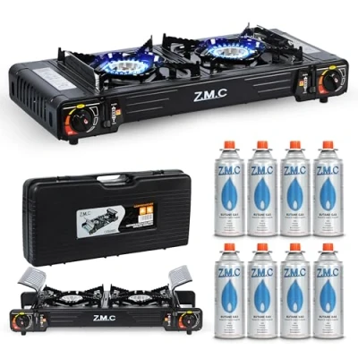 Afbeelding van Z.M.C Hoogwaardig campinggasfornuis met 2 lampen + 8 gaspatronen van 227 g, campingkooktoestel ontstekingsbeveiliging voor binnen en buiten, dubbel gasfornuis, incl