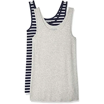 Image de Amazon Essentials Débardeur en coupe cintrée Women&#039;s, Pack of 2, Blanc/Bleu Marine/Gris Clair Chiné, L