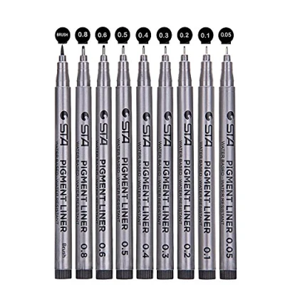 Afbeelding van Fineliner pennen, set van 9 zwarte fijne punt, verschillende punten, met kwast voor tekenen, illustratie kunstenaars, kantoordocumenten, scrapbooking en technische tekening