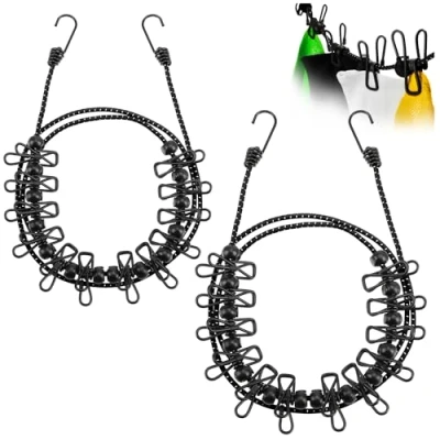 Afbeelding van COM FOUR® Reiswaslijn, 2 x 180 350 cm per lijn, campingwaslijn met reflecterende elastiek, waslijn elk 12 metalen clips (zwart/zwart)