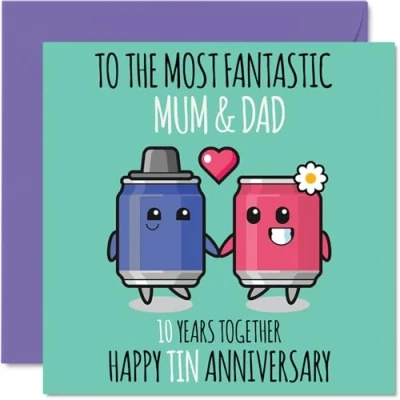 Afbeelding van Schattige trouwverjaardagskaart van tin voor mama en papa 10 jaar samen wenskaarten 10e huwelijksverjaardag papa, mama, 145 mm x