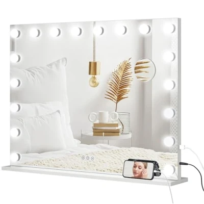 Afbeelding van HOMCOM Hollywood make upspiegel, verlicht, led, dimbaar, met vergrotende spiegel, uptafel, USB oplaadpoort, telefoonhouder 80 x 62 cm