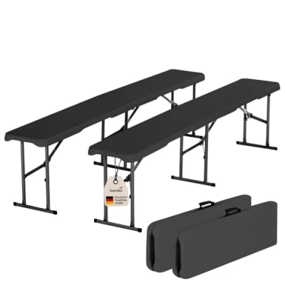 Afbeelding van Skandika Masi Zitbank Set van 2 Tuinbank biertentset, opvouwbaar, tot 300 kg en 3 4 personen per bank, gerecycled HDPE materiaal, stalen frame, weerbestendig, 180cm Bierbank, balkonmeubilair, tuinmeubilair 180 x 23 43 cm (L B H) zwart