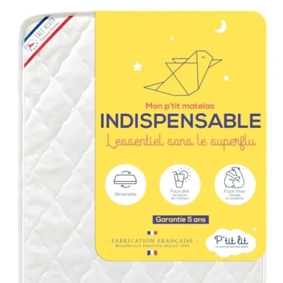 Image de P&#039;tit Lit Polyuréthane Matelas Bébé Indispensable 60x120 cm Climatisé : 1 face Été / Hiver Oeko Tex Fabrication Française, Blanc