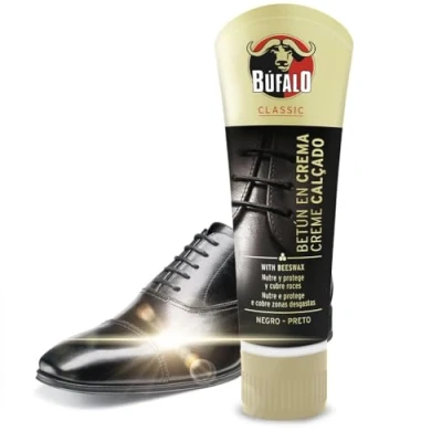 Afbeelding van Búfalo Classic Crème schoenwas, schoenverzorging, zwarte kleurcrème die voedt, beschermt en glans geeft, optimaal voor een gladde huid, tube van 50 ml